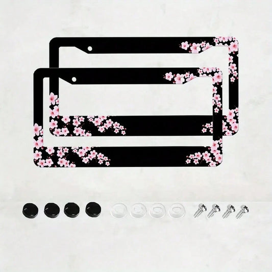 Set Of 2, Black Car License Plate Frame With Plum Blossom Design, Features Red Apricot And Peach Blossom, Front License Plate Cover, Unique License Plate Holder, Fun Car License Plate Accessories