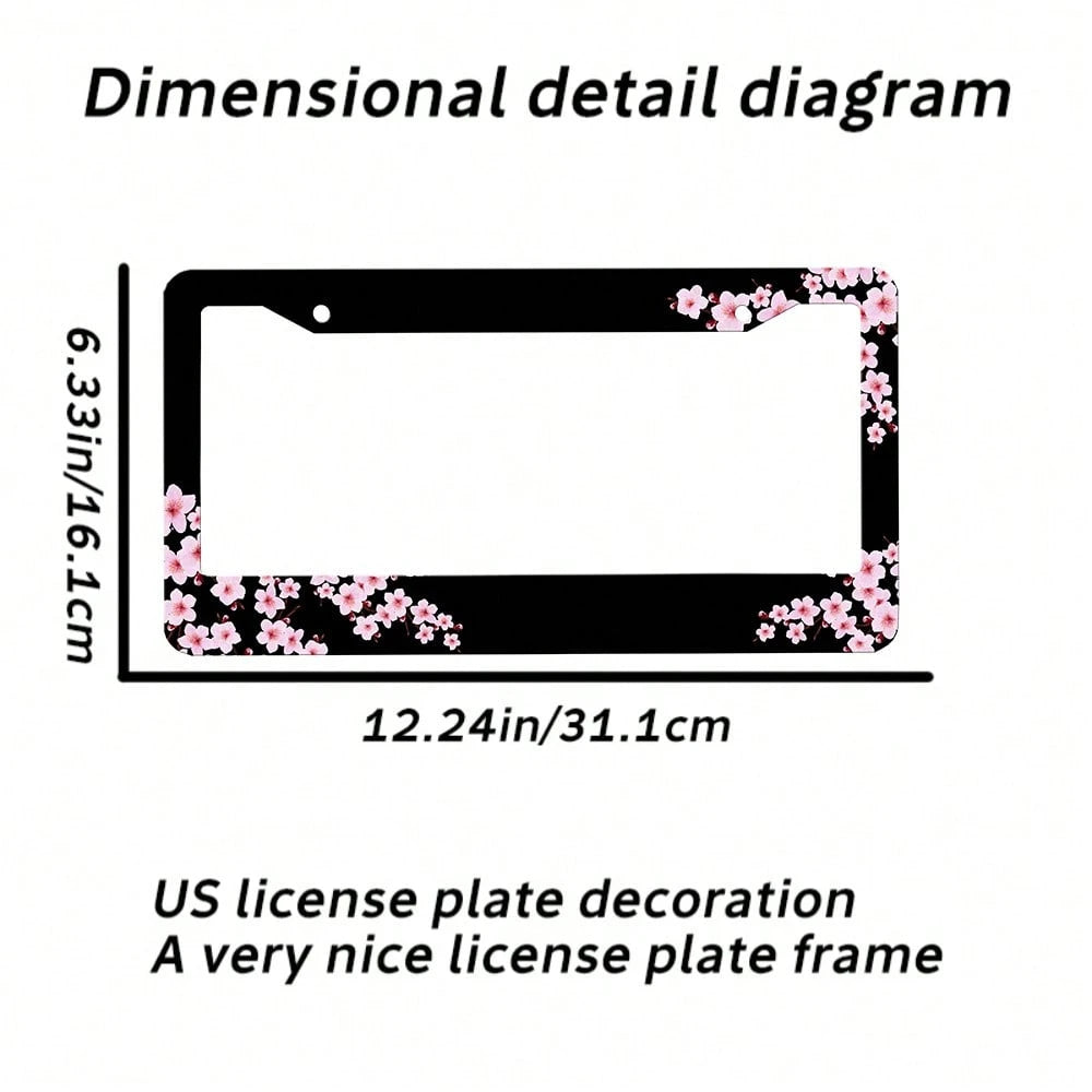 Set Of 2, Black Car License Plate Frame With Plum Blossom Design, Features Red Apricot And Peach Blossom, Front License Plate Cover, Unique License Plate Holder, Fun Car License Plate Accessories