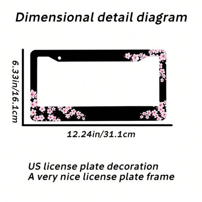 Set Of 2, Black Car License Plate Frame With Plum Blossom Design, Features Red Apricot And Peach Blossom, Front License Plate Cover, Unique License Plate Holder, Fun Car License Plate Accessories