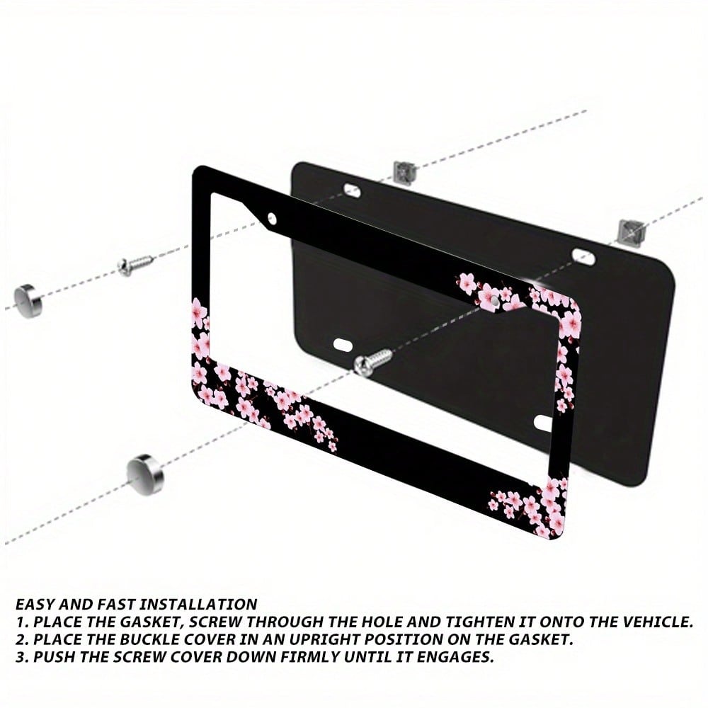 Set Of 2, Black Car License Plate Frame With Plum Blossom Design, Features Red Apricot And Peach Blossom, Front License Plate Cover, Unique License Plate Holder, Fun Car License Plate Accessories