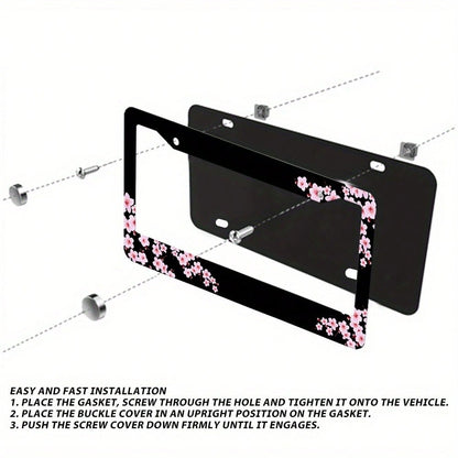 Set Of 2, Black Car License Plate Frame With Plum Blossom Design, Features Red Apricot And Peach Blossom, Front License Plate Cover, Unique License Plate Holder, Fun Car License Plate Accessories