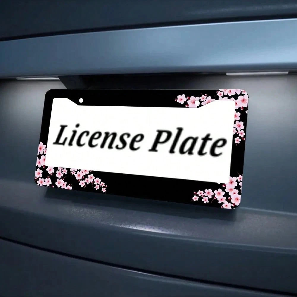 Set Of 2, Black Car License Plate Frame With Plum Blossom Design, Features Red Apricot And Peach Blossom, Front License Plate Cover, Unique License Plate Holder, Fun Car License Plate Accessories