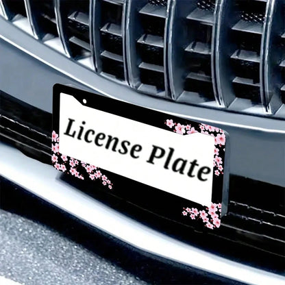 Set Of 2, Black Car License Plate Frame With Plum Blossom Design, Features Red Apricot And Peach Blossom, Front License Plate Cover, Unique License Plate Holder, Fun Car License Plate Accessories