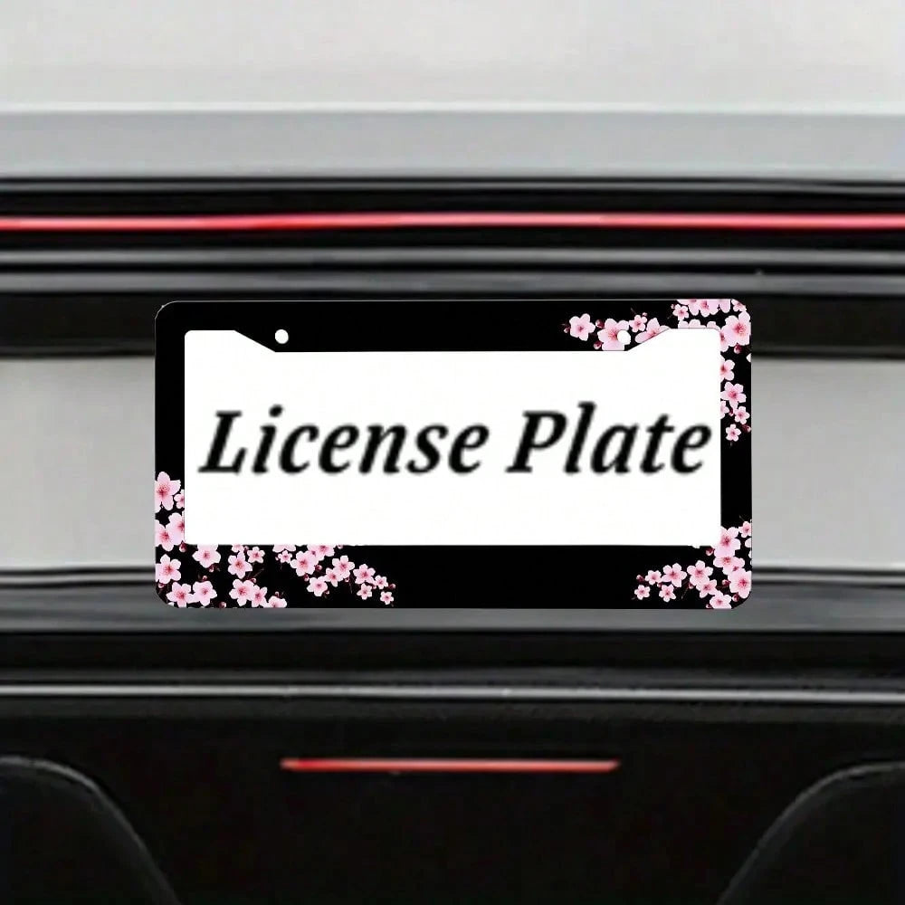 Set Of 2, Black Car License Plate Frame With Plum Blossom Design, Features Red Apricot And Peach Blossom, Front License Plate Cover, Unique License Plate Holder, Fun Car License Plate Accessories