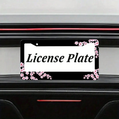 Set Of 2, Black Car License Plate Frame With Plum Blossom Design, Features Red Apricot And Peach Blossom, Front License Plate Cover, Unique License Plate Holder, Fun Car License Plate Accessories