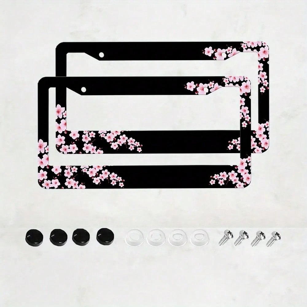 Set Of 2, Black Car License Plate Frame With Plum Blossom Design, Features Red Apricot And Peach Blossom, Front License Plate Cover, Unique License Plate Holder, Fun Car License Plate Accessories