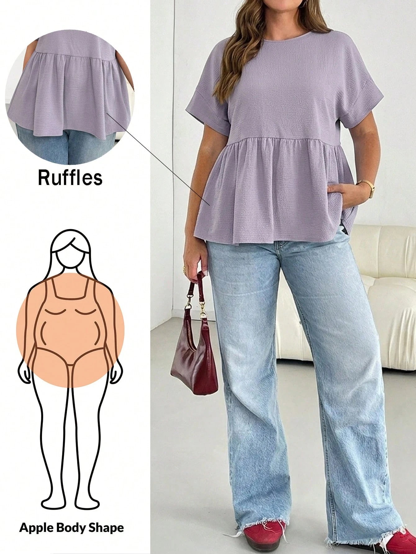 Shapeblank Plus-Size Women's Light Purple Summer Casual Everyday Loose Comfortable Textured Fabric Babydoll Top,Short Sleeve Curve Cute Blouse Outfits