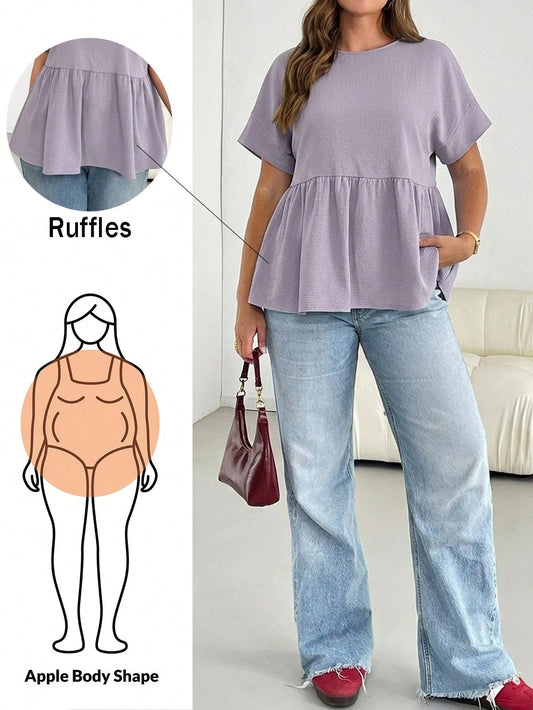 Shapeblank Plus-Size Women's Light Purple Summer Casual Everyday Loose Comfortable Textured Fabric Babydoll Top,Short Sleeve Curve Cute Blouse Outfits