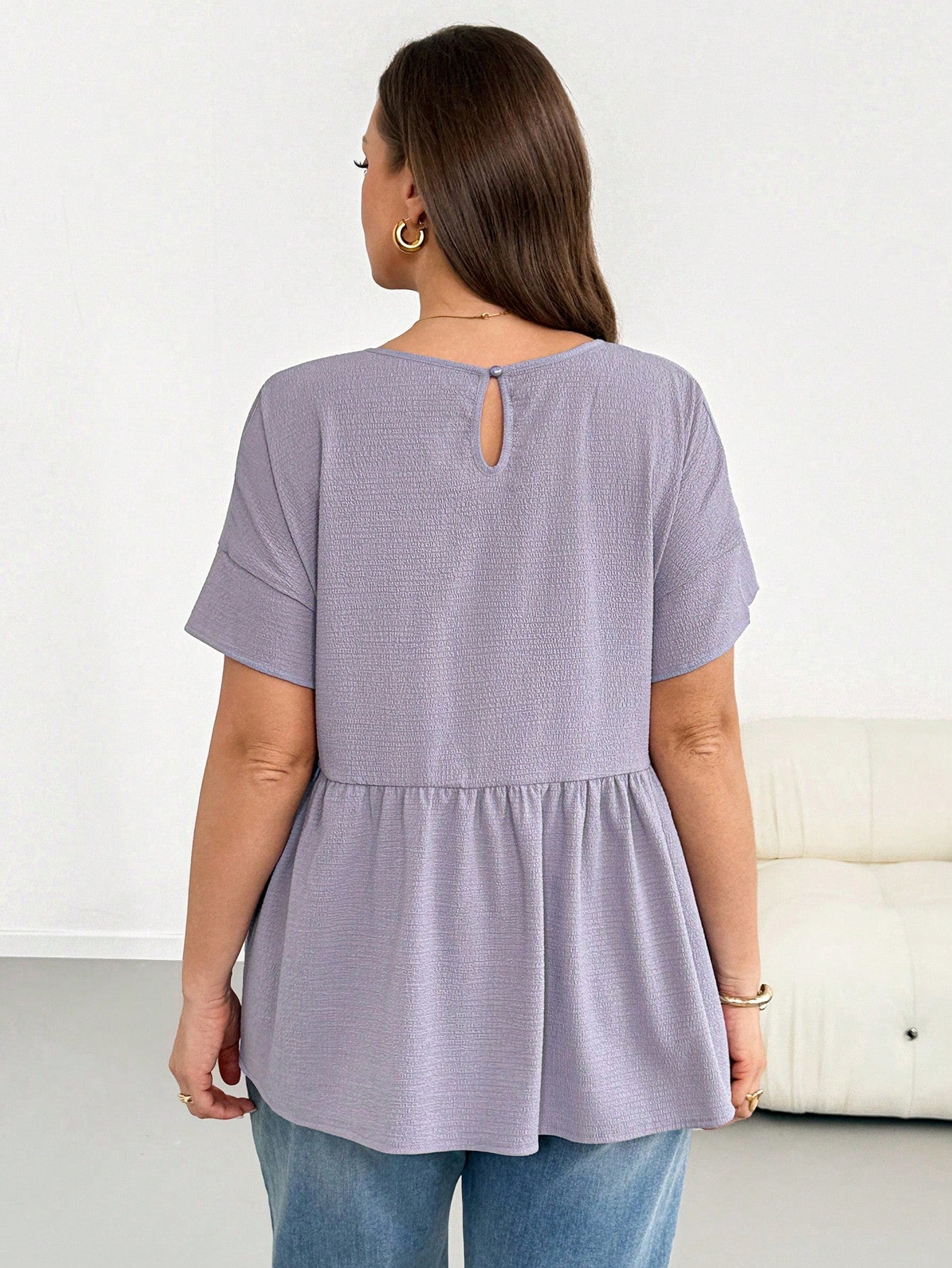 Shapeblank Plus-Size Women's Light Purple Summer Casual Everyday Loose Comfortable Textured Fabric Babydoll Top,Short Sleeve Curve Cute Blouse Outfits