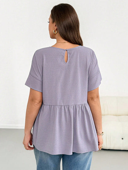 Shapeblank Plus-Size Women's Light Purple Summer Casual Everyday Loose Comfortable Textured Fabric Babydoll Top,Short Sleeve Curve Cute Blouse Outfits