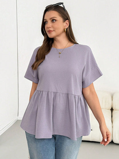 Shapeblank Plus-Size Women's Light Purple Summer Casual Everyday Loose Comfortable Textured Fabric Babydoll Top,Short Sleeve Curve Cute Blouse Outfits