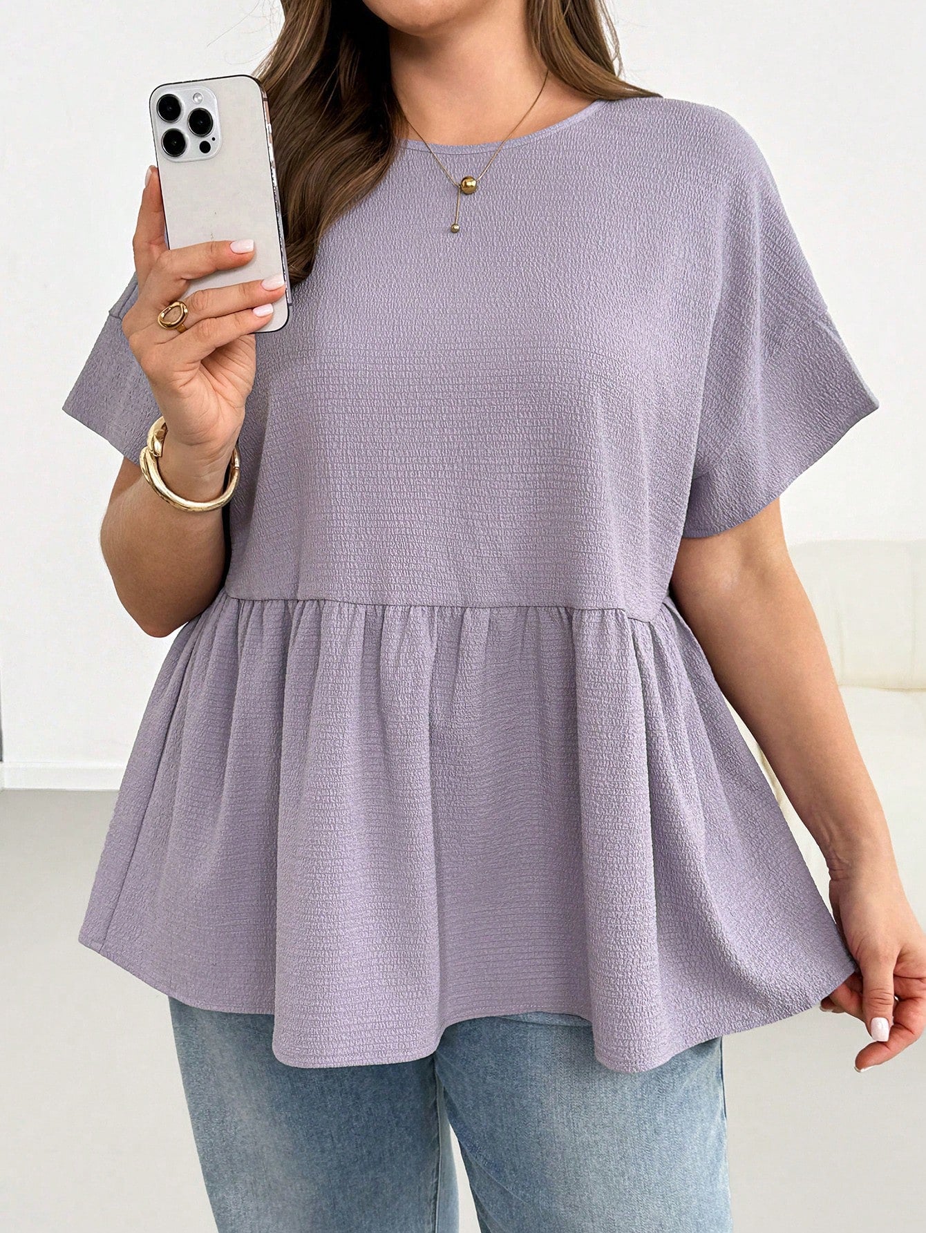 Shapeblank Plus-Size Women's Light Purple Summer Casual Everyday Loose Comfortable Textured Fabric Babydoll Top,Short Sleeve Curve Cute Blouse Outfits