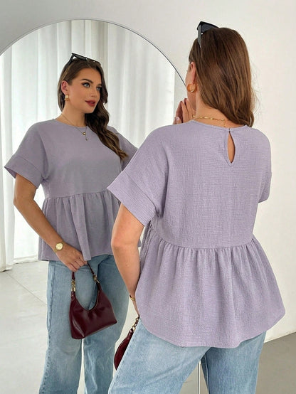 Shapeblank Plus-Size Women's Light Purple Summer Casual Everyday Loose Comfortable Textured Fabric Babydoll Top,Short Sleeve Curve Cute Blouse Outfits