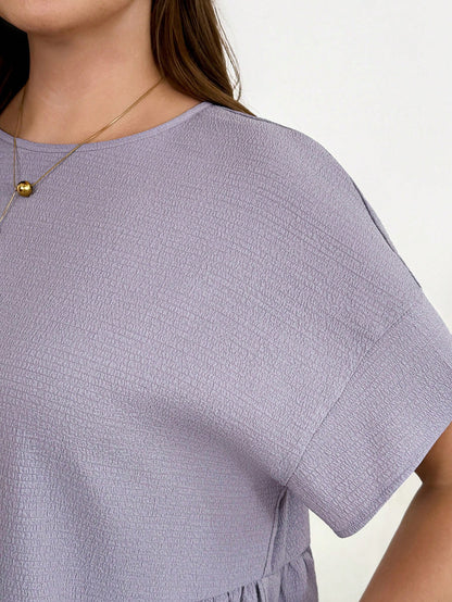 Shapeblank Plus-Size Women's Light Purple Summer Casual Everyday Loose Comfortable Textured Fabric Babydoll Top,Short Sleeve Curve Cute Blouse Outfits