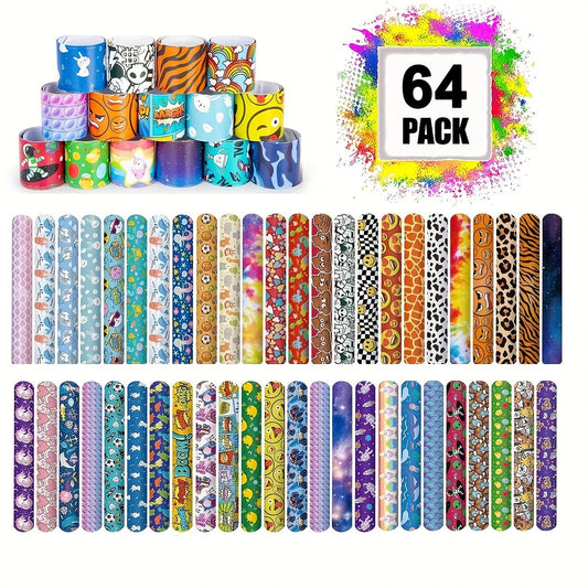 SHINDEL 64 Pcs Slap Bracelets For Kids, Slap Bracelets Bulk Party Favors For Kids 8-12 Assorted Snap Bracelets Mermaid Comics Tie Dye For Party Favors Classro