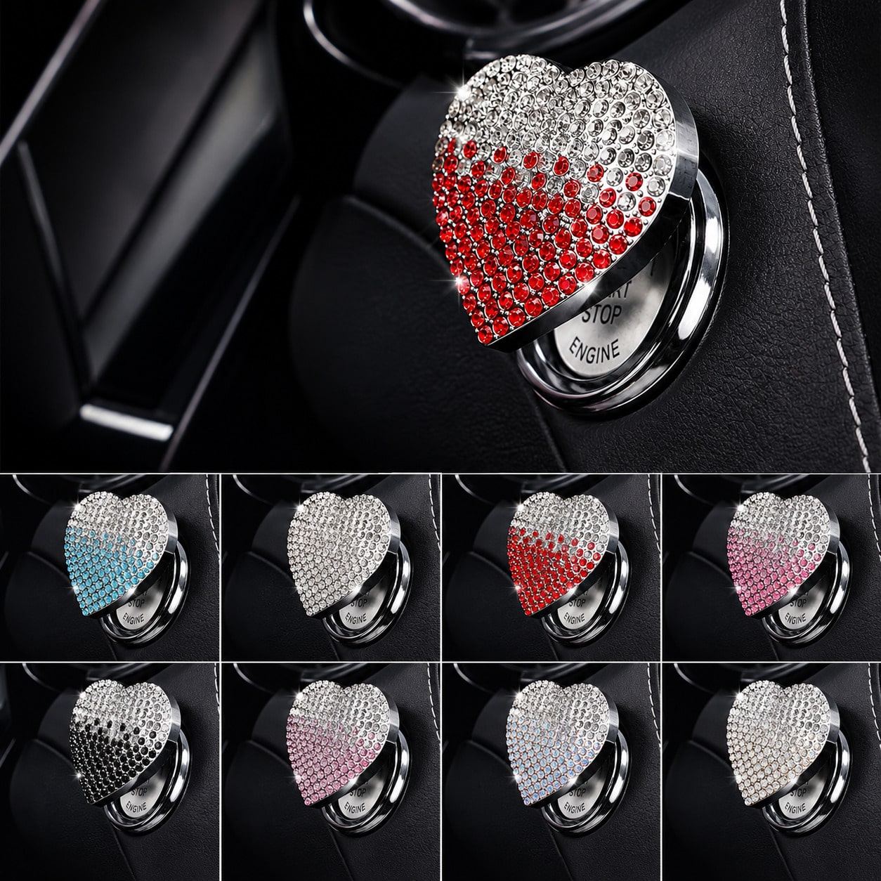 Shiny Car Engine Start Button Cover, Diamond Interior Crystal One-Touch Start Button Ring Cover, Sparkling Accessory, Heart-Shaped Sparkling Ignition Button, Rhinestone Engine Ring, Universal Fit For