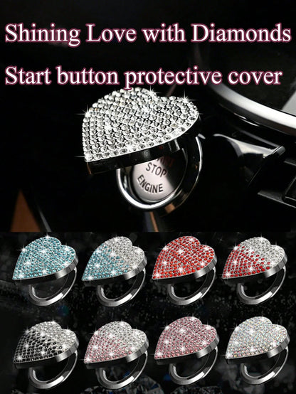 Shiny Car Engine Start Button Cover, Diamond Interior Crystal One-Touch Start Button Ring Cover, Sparkling Accessory, Heart-Shaped Sparkling Ignition Button, Rhinestone Engine Ring, Universal Fit For