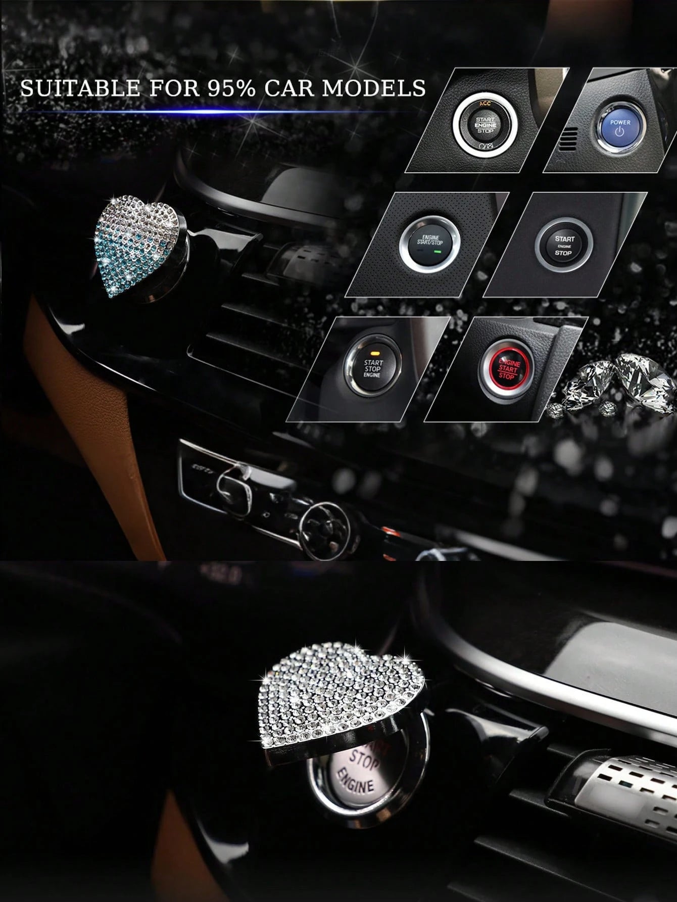 Shiny Car Engine Start Button Cover, Diamond Interior Crystal One-Touch Start Button Ring Cover, Sparkling Accessory, Heart-Shaped Sparkling Ignition Button, Rhinestone Engine Ring, Universal Fit For