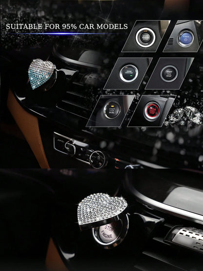 Shiny Car Engine Start Button Cover, Diamond Interior Crystal One-Touch Start Button Ring Cover, Sparkling Accessory, Heart-Shaped Sparkling Ignition Button, Rhinestone Engine Ring, Universal Fit For