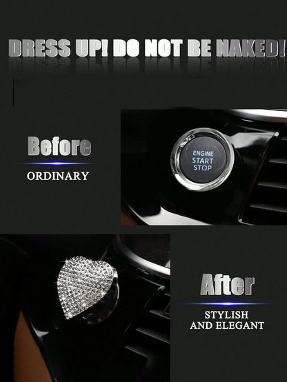 Shiny Car Engine Start Button Cover, Diamond Interior Crystal One-Touch Start Button Ring Cover, Sparkling Accessory, Heart-Shaped Sparkling Ignition Button, Rhinestone Engine Ring, Universal Fit For