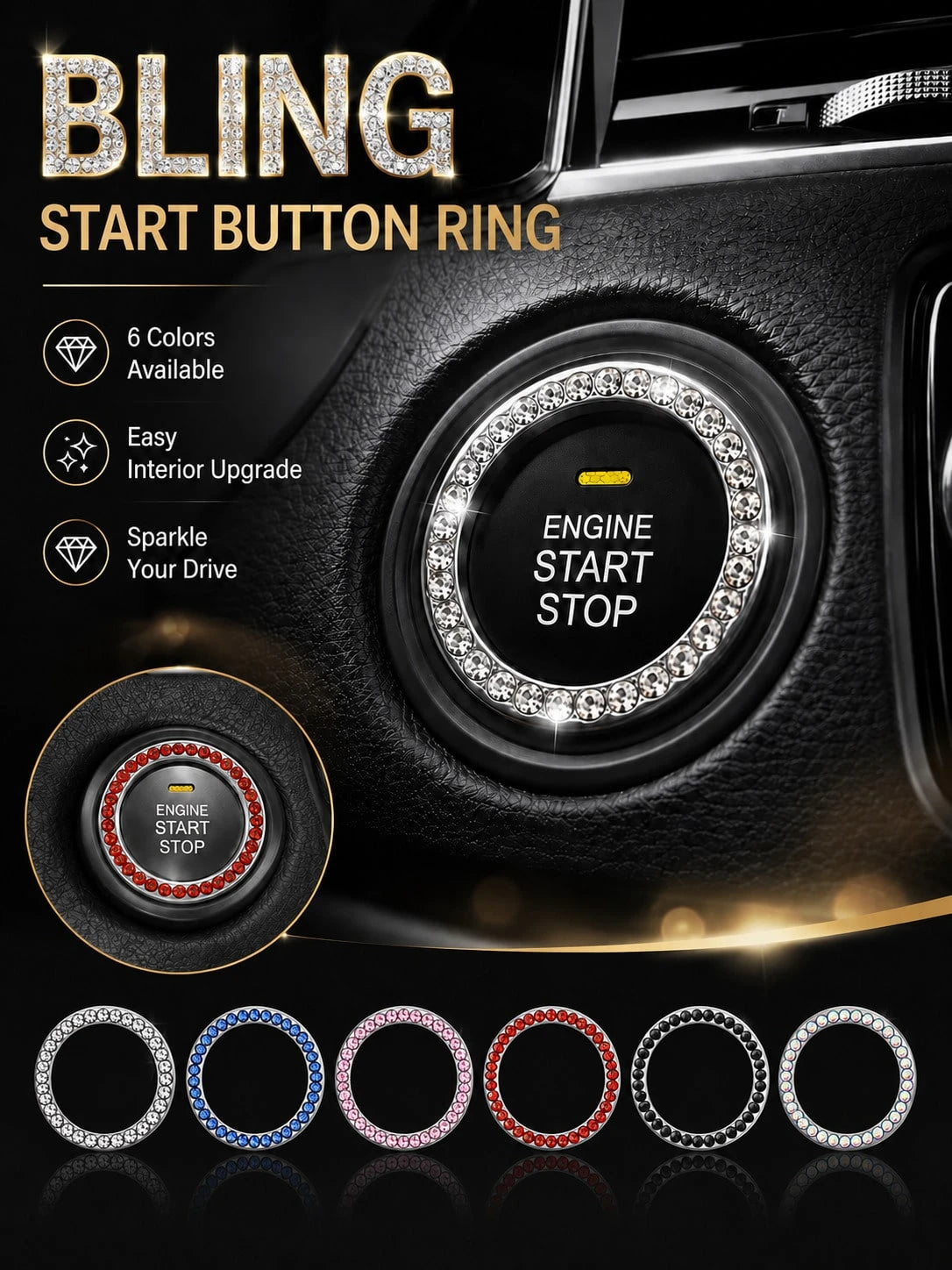 Shiny Car Engine Start Stop Button Ring, Crystal Rhinestone One-Touch Start Button Cover, Car Interior Decoration Accessories For Women And Girls, Key Ignition Starter And Knob Shiny Ring, Shiny Car D