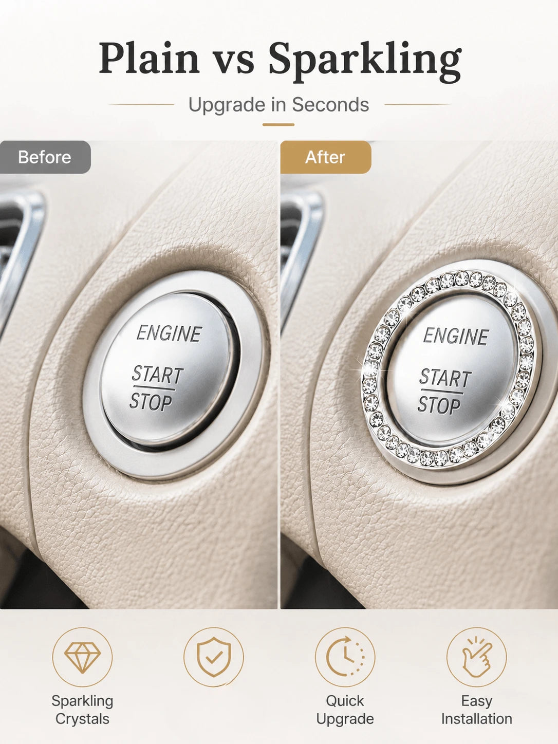 Shiny Car Engine Start Stop Button Ring, Crystal Rhinestone One-Touch Start Button Cover, Car Interior Decoration Accessories For Women And Girls, Key Ignition Starter And Knob Shiny Ring, Shiny Car D