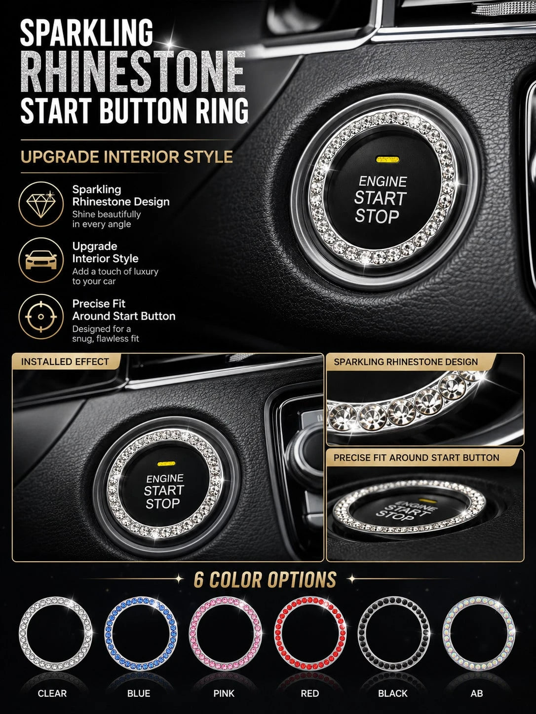 Shiny Car Engine Start Stop Button Ring, Crystal Rhinestone One-Touch Start Button Cover, Car Interior Decoration Accessories For Women And Girls, Key Ignition Starter And Knob Shiny Ring, Shiny Car D