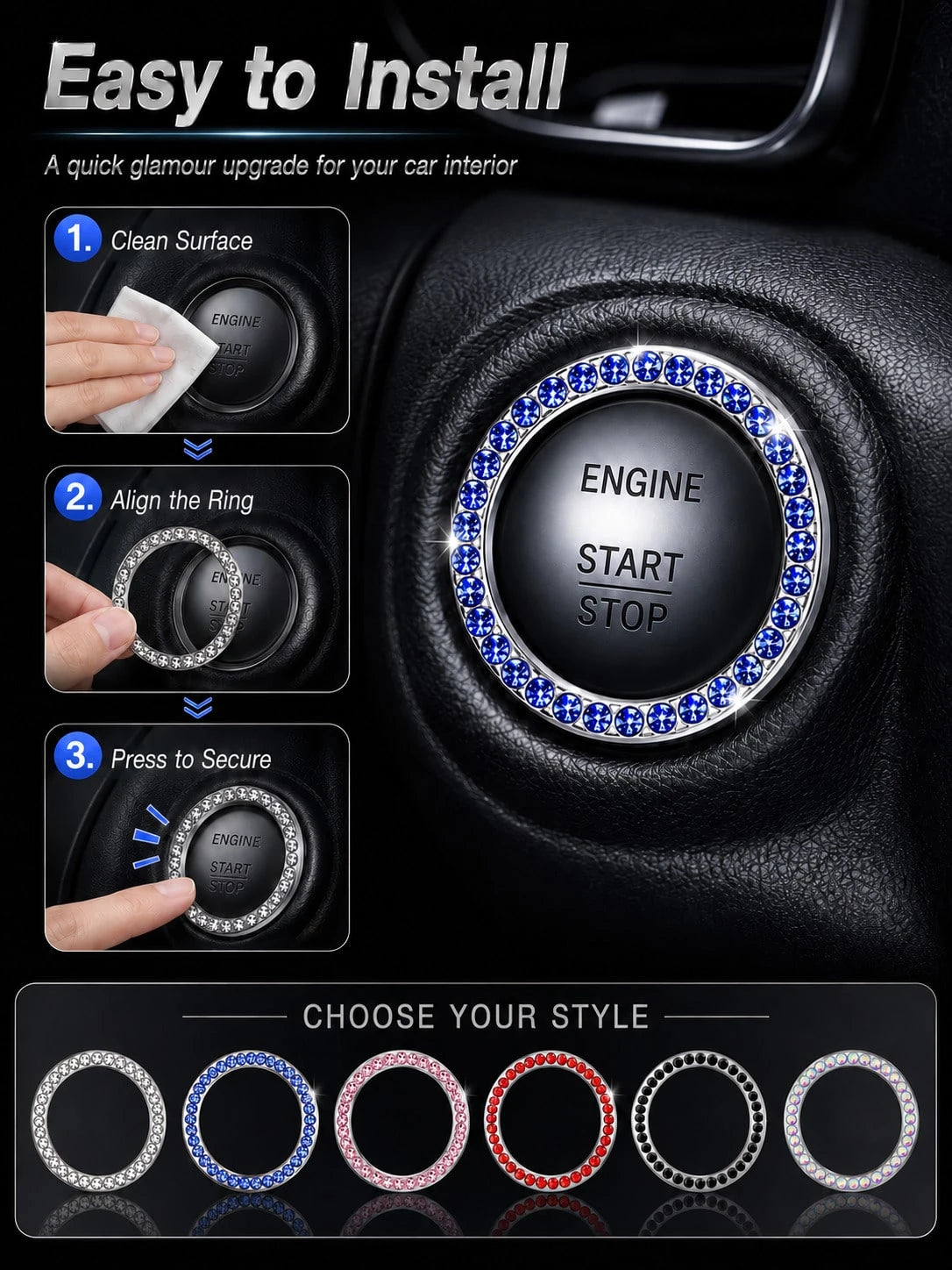 Shiny Car Engine Start Stop Button Ring, Crystal Rhinestone One-Touch Start Button Cover, Car Interior Decoration Accessories For Women And Girls, Key Ignition Starter And Knob Shiny Ring, Shiny Car D