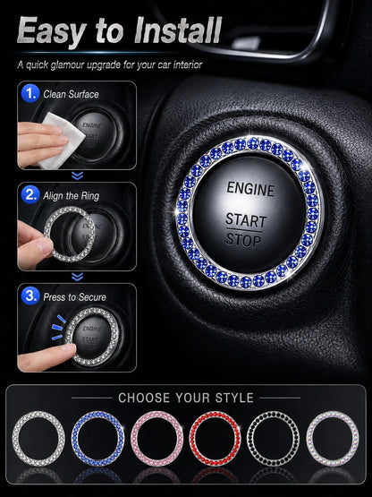 Shiny Car Engine Start Stop Button Ring, Crystal Rhinestone One-Touch Start Button Cover, Car Interior Decoration Accessories For Women And Girls, Key Ignition Starter And Knob Shiny Ring, Shiny Car D