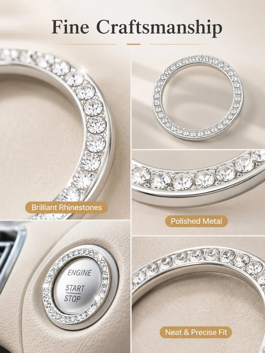 Shiny Car Engine Start Stop Button Ring, Crystal Rhinestone One-Touch Start Button Cover, Car Interior Decoration Accessories For Women And Girls, Key Ignition Starter And Knob Shiny Ring, Shiny Car D