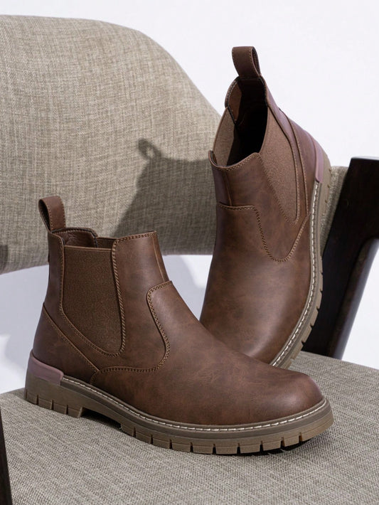 SHOESMALL Men's Retro Chelsea Boots Casual Vintage Fashion Brown Boots Slip On Vintage British Style All-Match Short Boots