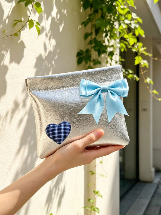 Silver PU Bow Wallet/Card Holder, Plaid Heart Decor Clutch, Elegant Glossy PU Mini Makeup Bag, Cute Silver Phone Bag, Versatile Fashion Small Bag For Dates, Shopping, Parties, Cocktails, Banquets, Uni