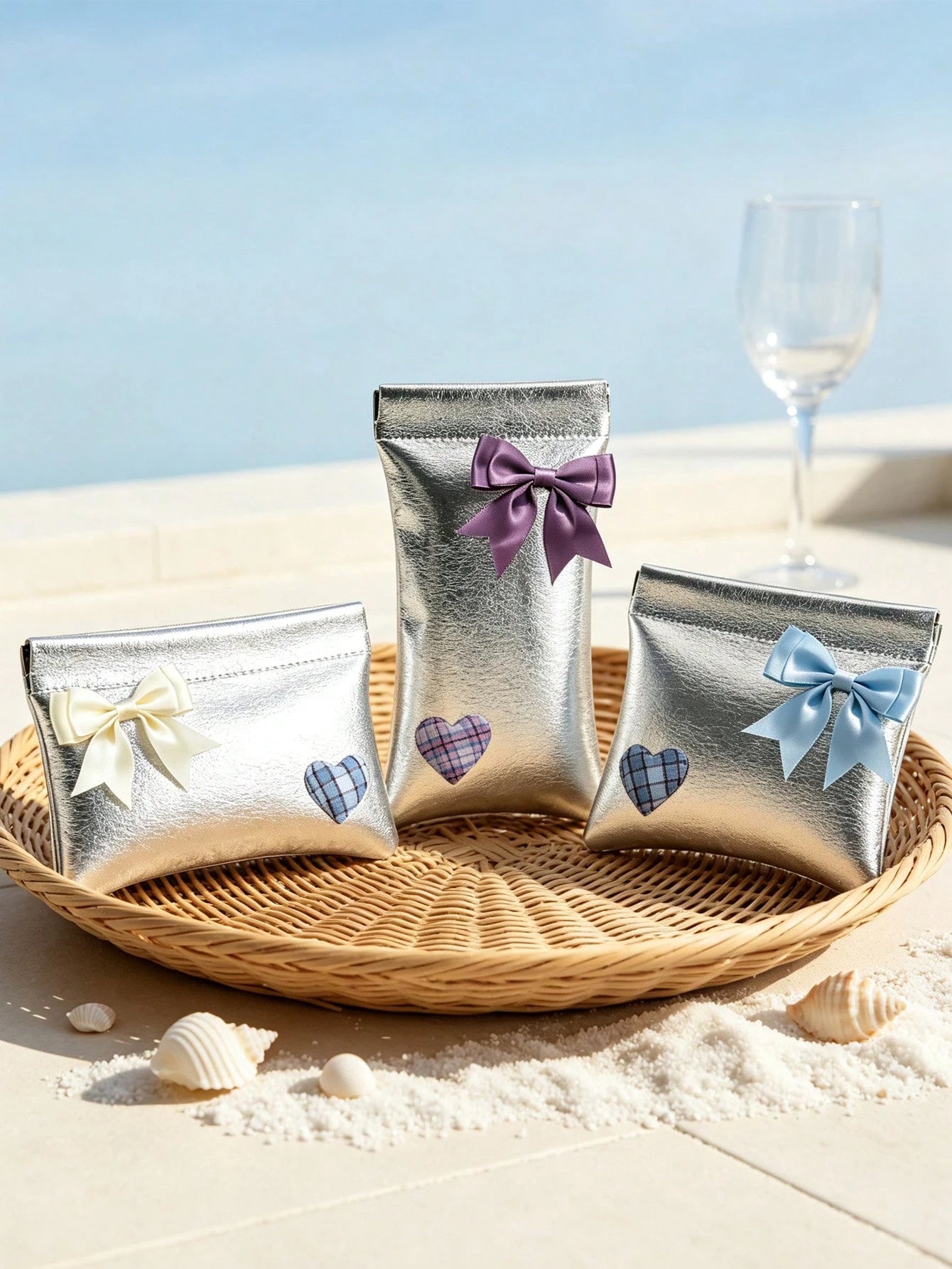 Silver PU Bow Wallet/Card Holder, Plaid Heart Decor Clutch, Elegant Glossy PU Mini Makeup Bag, Cute Silver Phone Bag, Versatile Fashion Small Bag For Dates, Shopping, Parties, Cocktails, Banquets, Uni