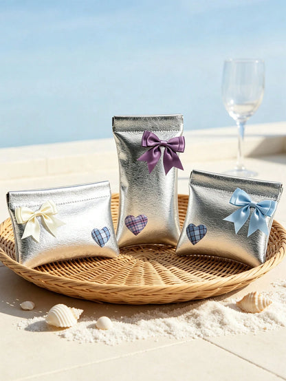 Silver PU Bow Wallet/Card Holder, Plaid Heart Decor Clutch, Elegant Glossy PU Mini Makeup Bag, Cute Silver Phone Bag, Versatile Fashion Small Bag For Dates, Shopping, Parties, Cocktails, Banquets, Uni
