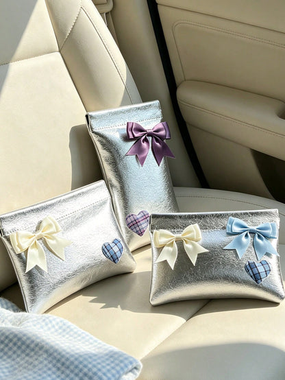 Silver PU Bow Wallet/Card Holder, Plaid Heart Decor Clutch, Elegant Glossy PU Mini Makeup Bag, Cute Silver Phone Bag, Versatile Fashion Small Bag For Dates, Shopping, Parties, Cocktails, Banquets, Uni