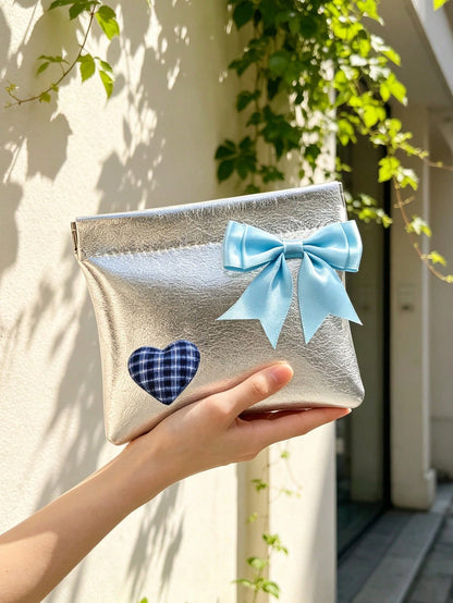 Silver PU Bow Wallet/Card Holder, Plaid Heart Decor Clutch, Elegant Glossy PU Mini Makeup Bag, Cute Silver Phone Bag, Versatile Fashion Small Bag For Dates, Shopping, Parties, Cocktails, Banquets, Uni