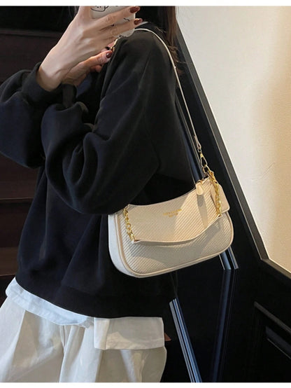 Simple Solid Color Women's Shoulder Bag, 2025 Faux Leather Baguette Bag, Zippered Closure