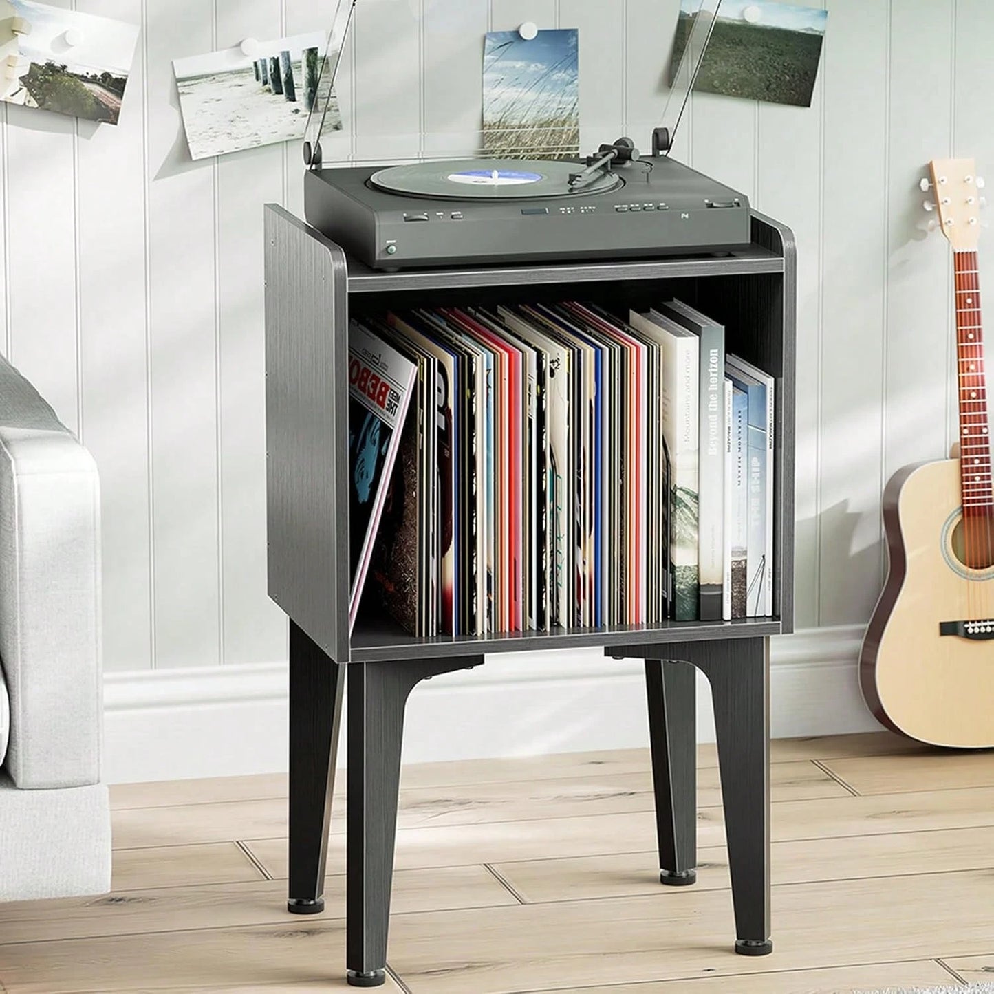 Simple Trending Record Player Stand, Vinyl Record Storage Table, Small Space Record Player Organizer Shelf, Turntable Stand Holds Up To 100 Albums, For Bedroom Living Room, Black