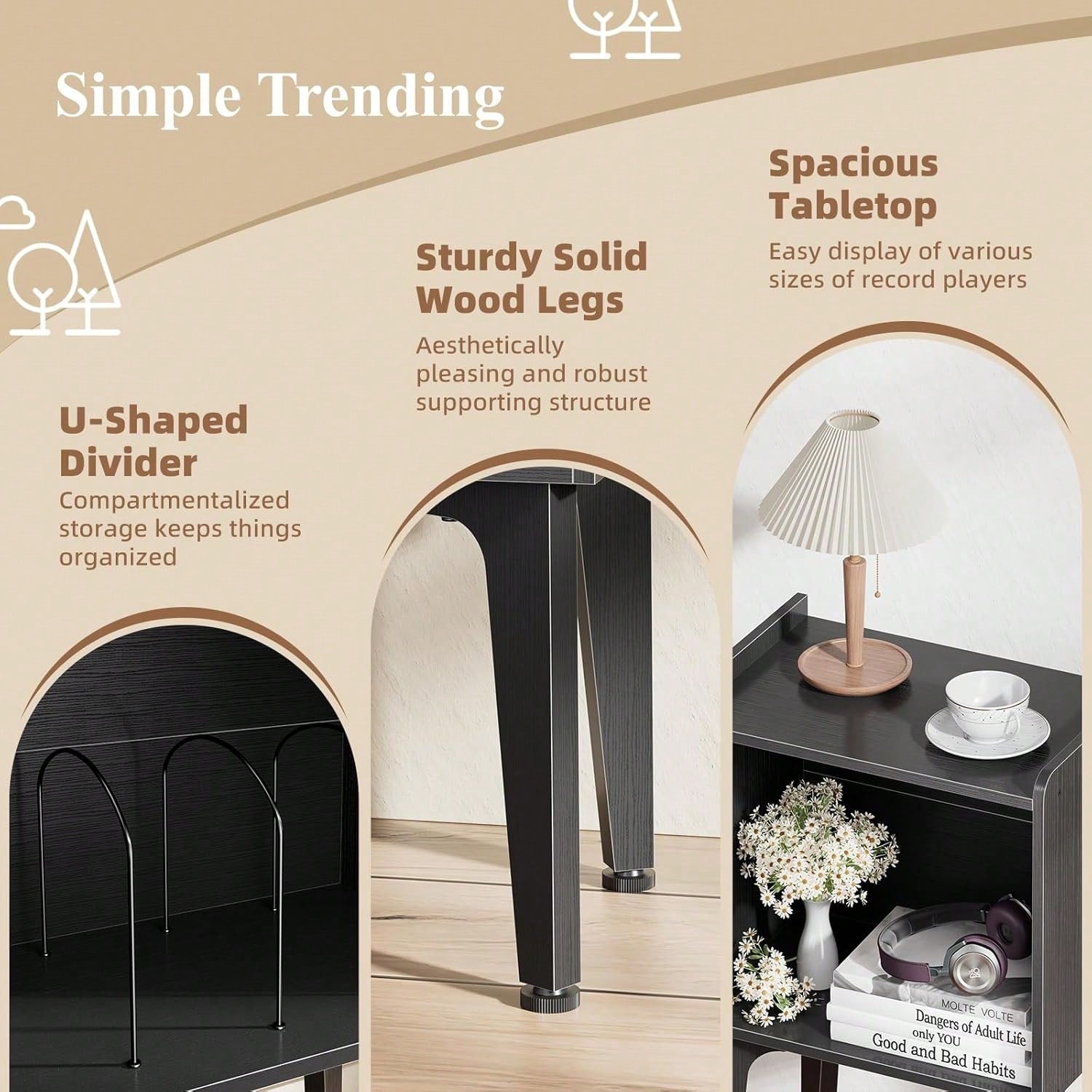 Simple Trending Record Player Stand, Vinyl Record Storage Table, Small Space Record Player Organizer Shelf, Turntable Stand Holds Up To 100 Albums, For Bedroom Living Room, Black