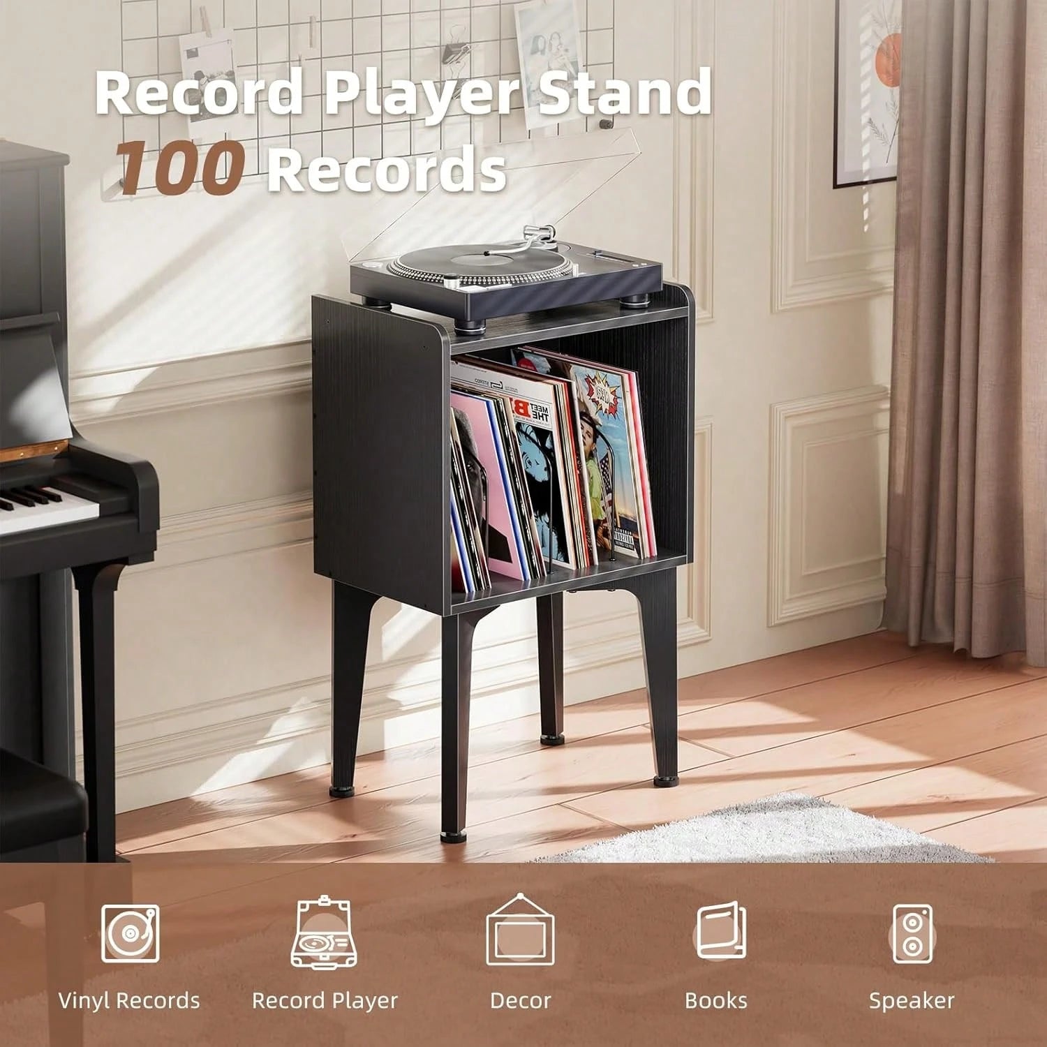 Simple Trending Record Player Stand, Vinyl Record Storage Table, Small Space Record Player Organizer Shelf, Turntable Stand Holds Up To 100 Albums, For Bedroom Living Room, Black