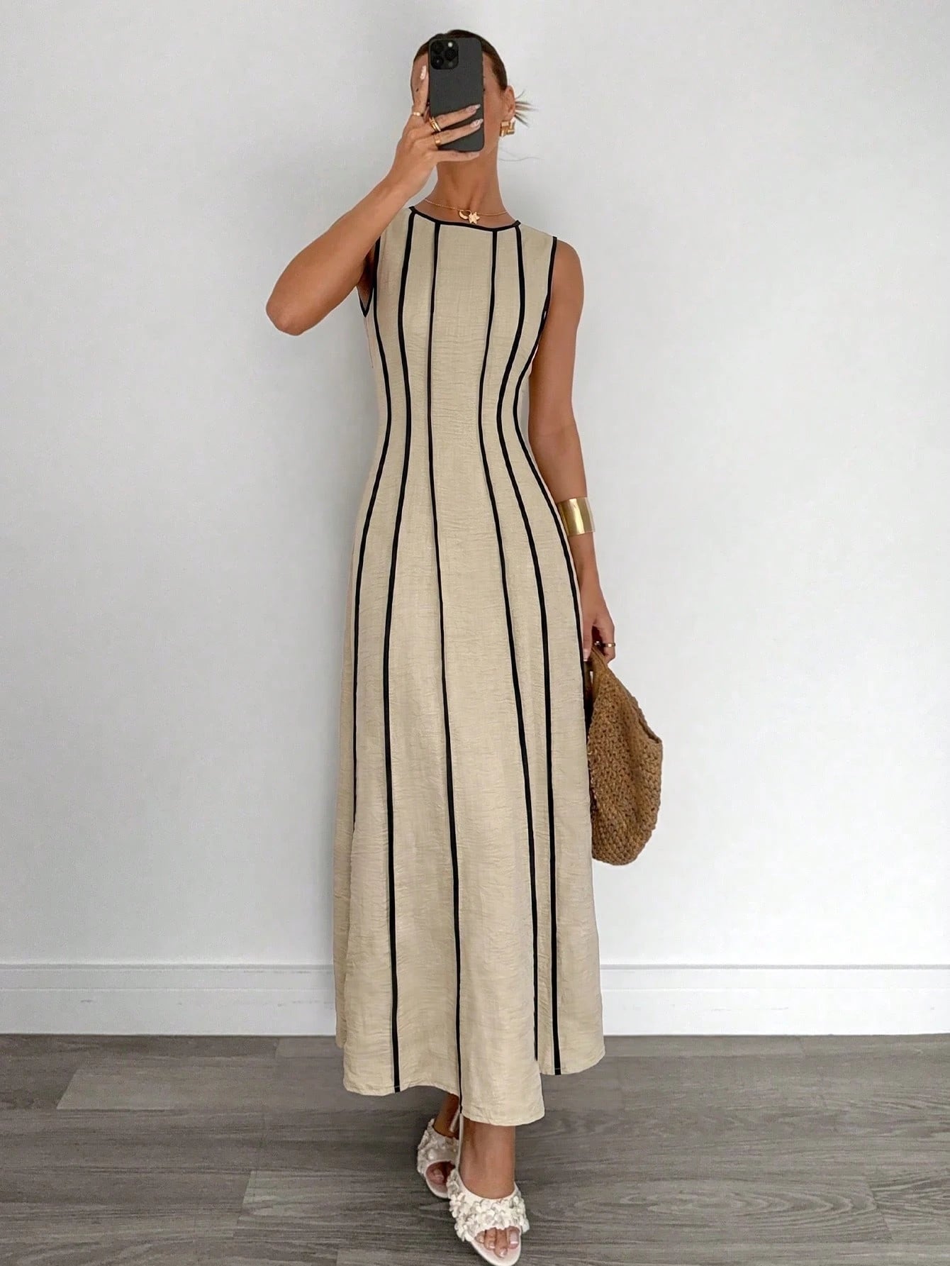 Siren Gaze Summer Sleeveless Linen Maxi Dress With Beige Detail Slimming Fit Versatile Style For Bohemian Elegant Beach Vacation Vacation Or Daily Commuting