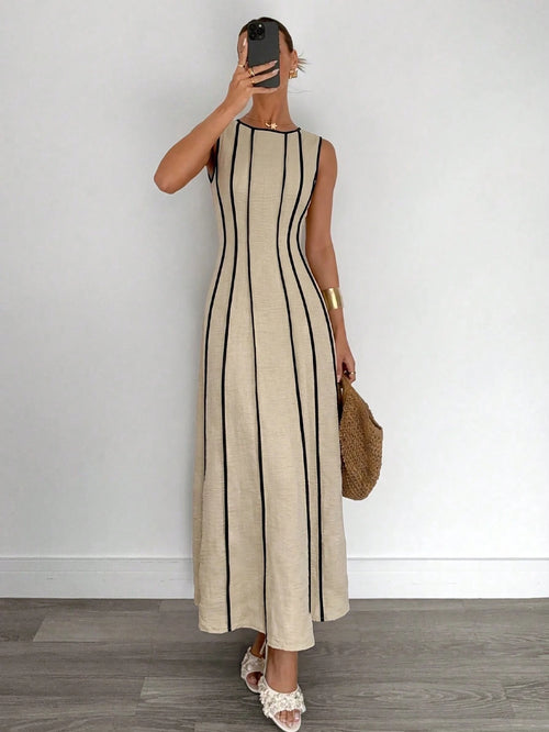 Siren Gaze Summer Sleeveless Linen Maxi Dress With Beige Detail Slimming Fit Versatile Style For Bohemian Elegant Beach Vacation Vacation Or Daily Commuting