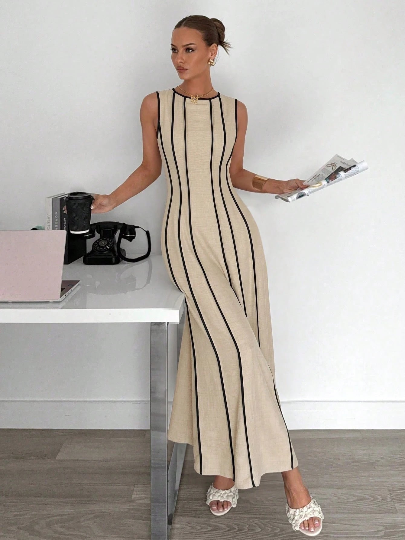 Siren Gaze Summer Sleeveless Linen Maxi Dress With Beige Detail Slimming Fit Versatile Style For Bohemian Elegant Beach Vacation Vacation Or Daily Commuting