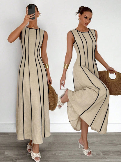 Siren Gaze Summer Sleeveless Linen Maxi Dress With Beige Detail Slimming Fit Versatile Style For Bohemian Elegant Beach Vacation Vacation Or Daily Commuting
