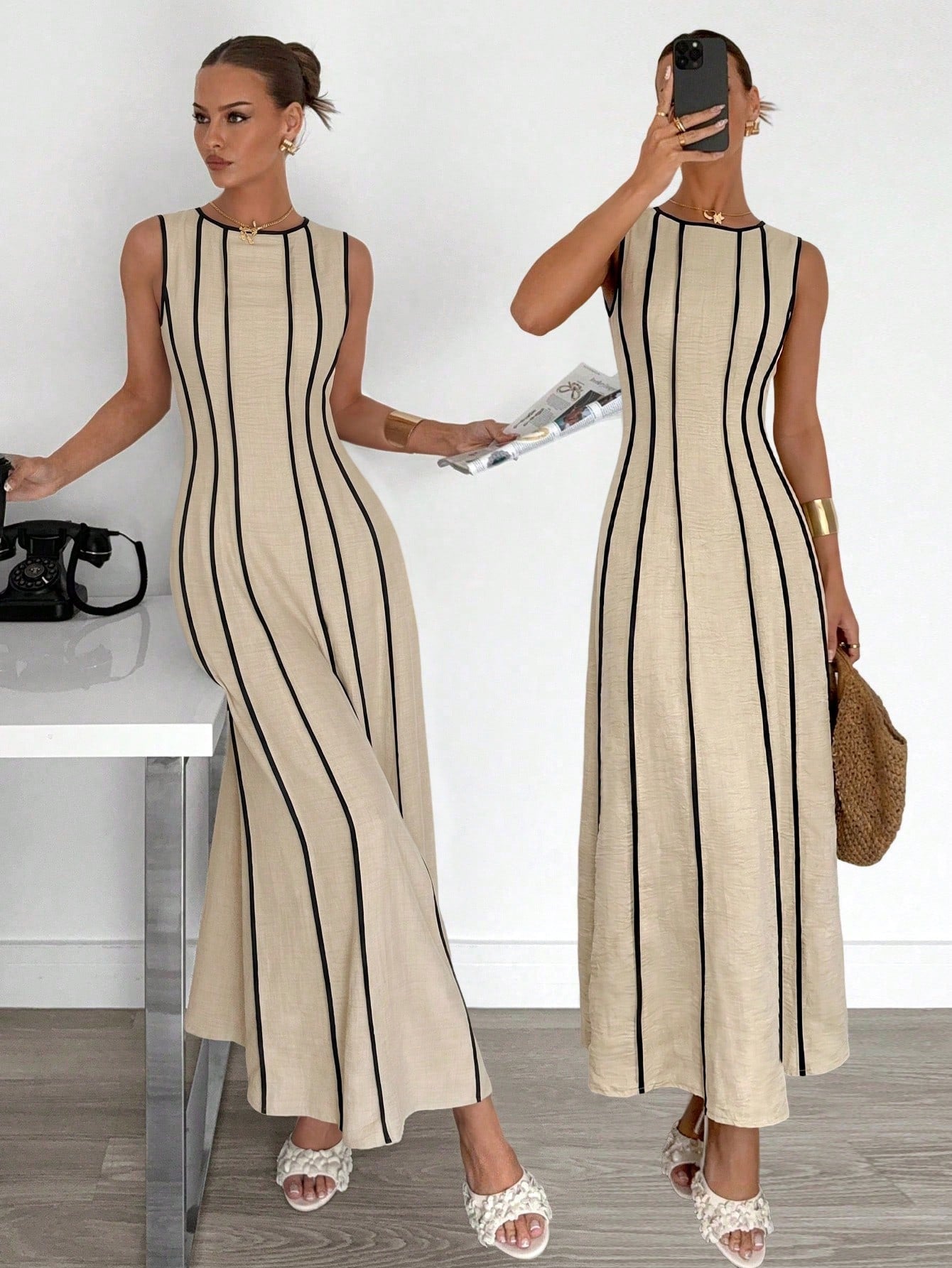 Siren Gaze Summer Sleeveless Linen Maxi Dress With Beige Detail Slimming Fit Versatile Style For Bohemian Elegant Beach Vacation Vacation Or Daily Commuting