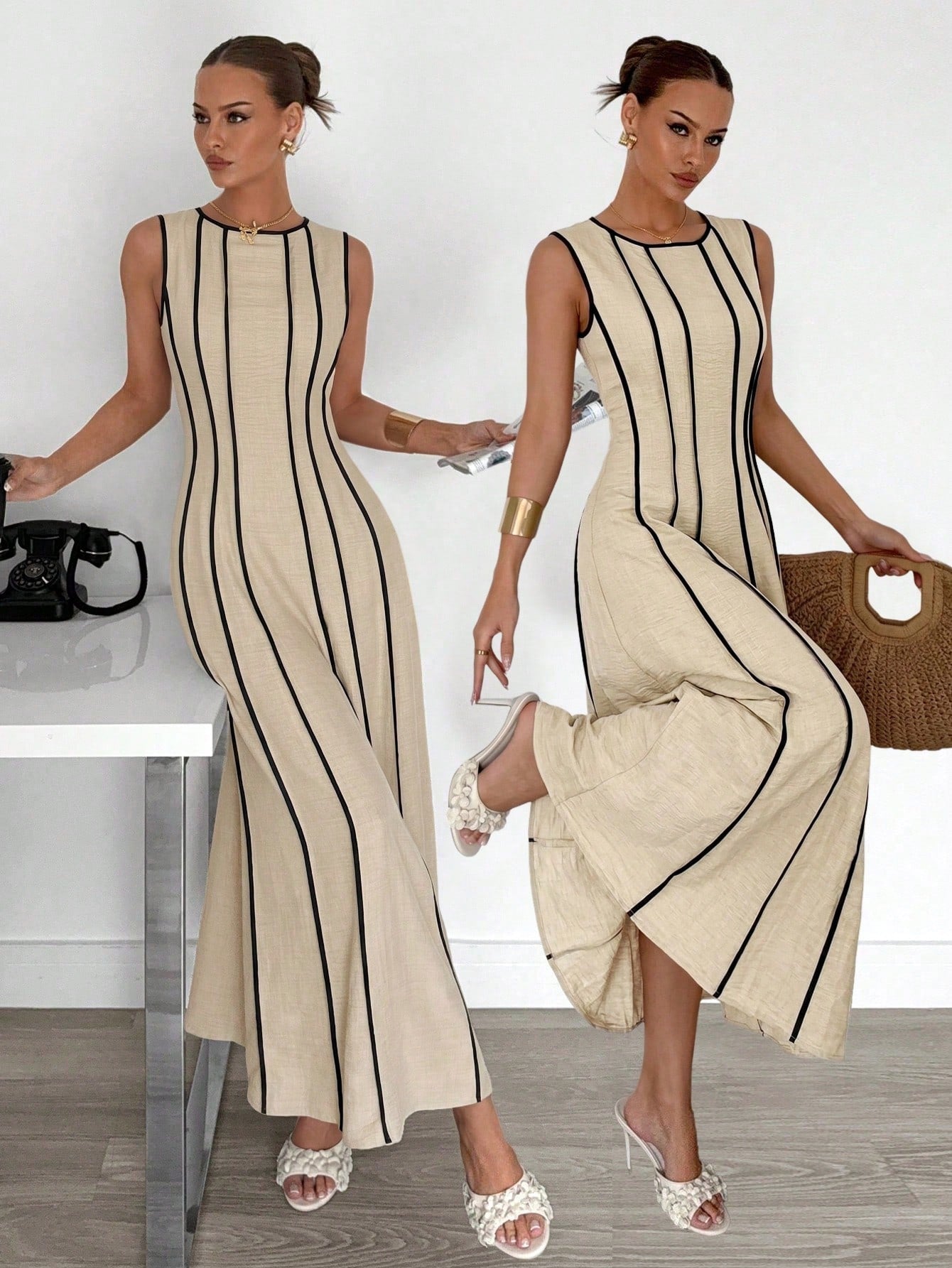 Siren Gaze Summer Sleeveless Linen Maxi Dress With Beige Detail Slimming Fit Versatile Style For Bohemian Elegant Beach Vacation Vacation Or Daily Commuting