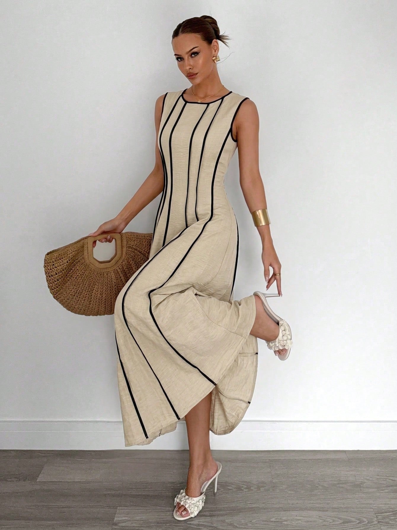 Siren Gaze Summer Sleeveless Linen Maxi Dress With Beige Detail Slimming Fit Versatile Style For Bohemian Elegant Beach Vacation Vacation Or Daily Commuting