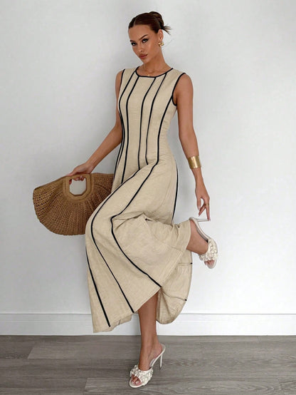 Siren Gaze Summer Sleeveless Linen Maxi Dress With Beige Detail Slimming Fit Versatile Style For Bohemian Elegant Beach Vacation Vacation Or Daily Commuting