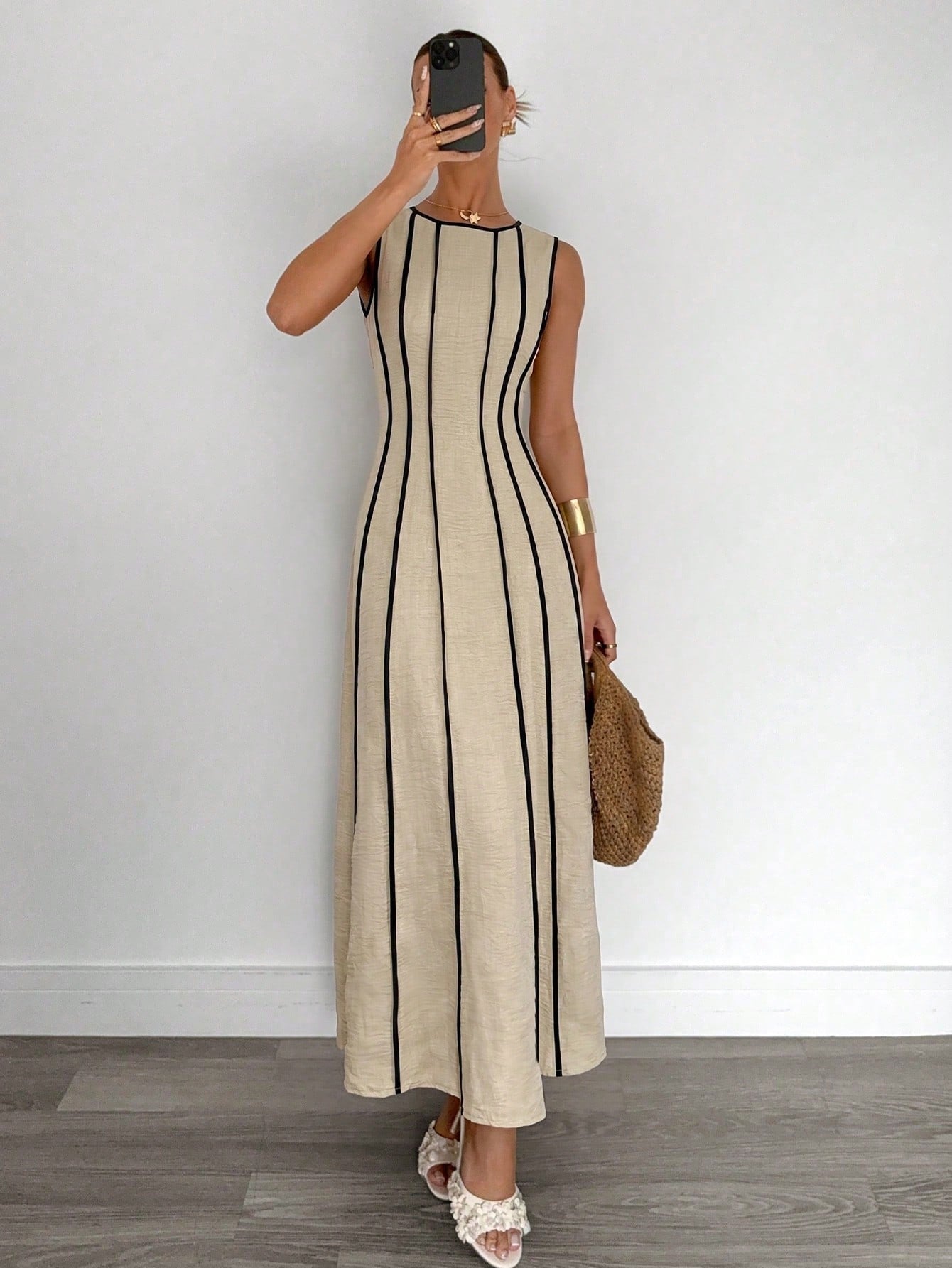Siren Gaze Summer Sleeveless Linen Maxi Dress With Beige Detail Slimming Fit Versatile Style For Bohemian Elegant Beach Vacation Vacation Or Daily Commuting