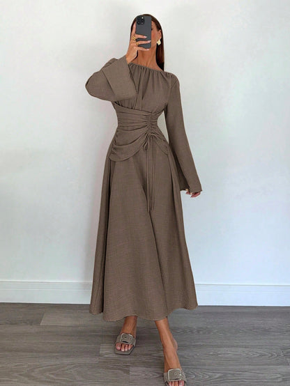Siren Gaze Women's Brown Round Neck Bell Sleeve Elegant Dress,Autumn Striped Ruched Waist Tie Dining Outfit,Business Casual Wedding Guest Party Dress